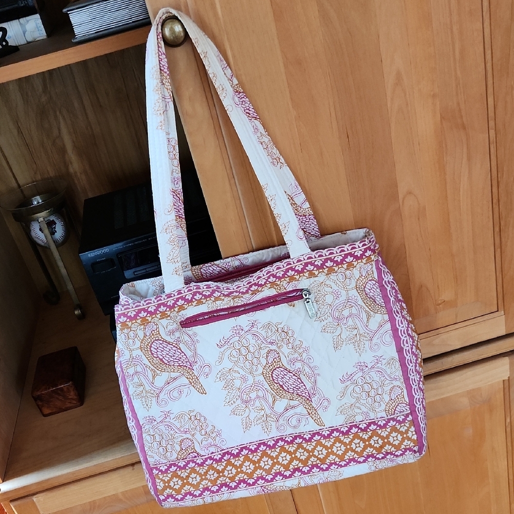 Bueno Cream Tote with Pink & Brown Bird Print